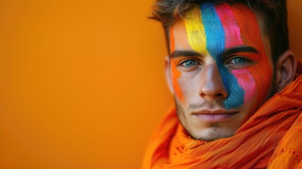 Close-up of a man's face with rainbow paint, wrapped in an orange fabric.