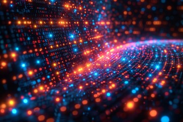 Data science and analytics concept. A neon led colored digital technology overlay or background. Futuristic hub interface concept. cyberpunk open space service office space interior blurred