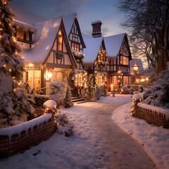 Beautiful winter landscape with christmas tree and houses at night.