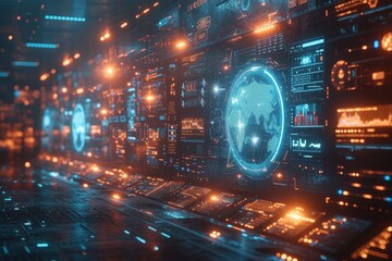 Data science and analytics concept. A neon led colored digital technology overlay or background. Futuristic hub interface concept. cyberpunk open space service office space interior blurred