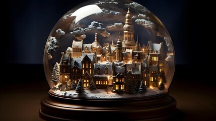 Snow globe with miniature houses in a dark room. 3d illustration