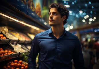 Fototapeta premium Man in the aisle of the supermarket. A man stands in front of a colorful display of oranges at a market.