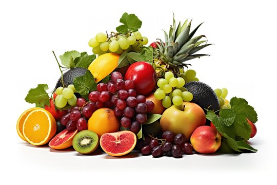 a pile of fruit on a white background