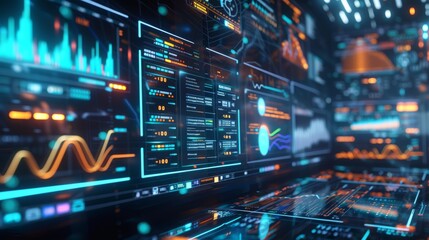 Data science and analytics concept. A neon led colored digital technology overlay or background. Futuristic hub interface concept. cyberpunk open space service office space interior blurred