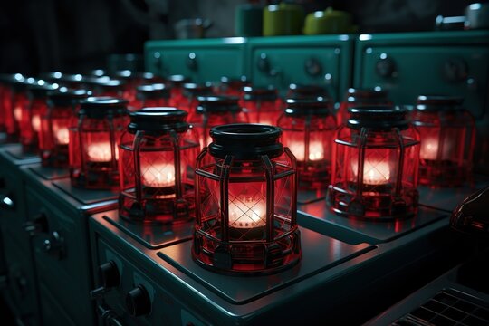 a close-up of a bunch of red glass jars with lights, an image of many gas stoves with blue flames