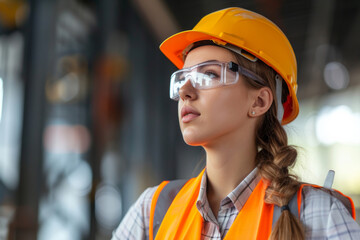 young girl in a hard hat at a construction site. portrait of happy young female engineer on site wearing hard hat, high vis. Young woman worker in an industrial area.