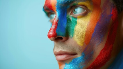 Side view of a young man's face with rainbow paint.