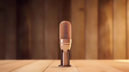 3D illustration of a microphone on a wooden table isolated on a minimalist background. generative ai