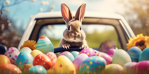 Fotobehang Cute Easter Bunny with sunglasses looking out of a car filed with easter eggs © zunaira