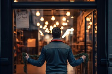man holding up an open sign in front of a shop window - obrazy, fototapety, plakaty