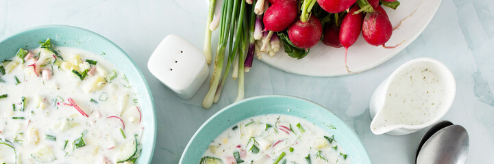 Cold summer soup Okroshka banner, soup with vegetables and sausage, eggs and fresh herbs and yogurt, traditional Russian soup - obrazy, fototapety, plakaty