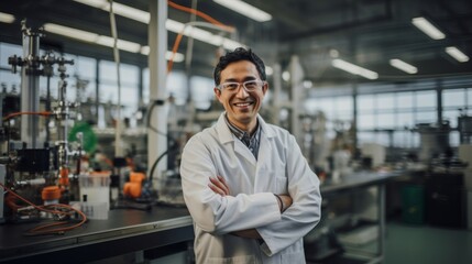 Chemical engineer in modern lab smile shows excitement for innovation