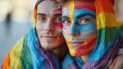 Two young men with colorful paint on faces and scarf. - obrazy, fototapety, plakaty