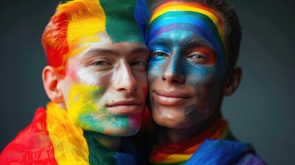Two men with colorful face paint, intimately close.
