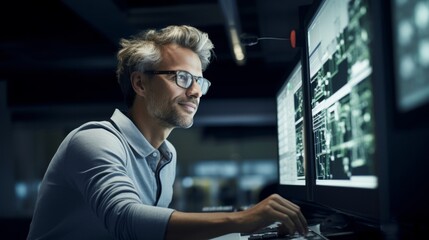 Engineer monitoring complex processes with a warm confident smile