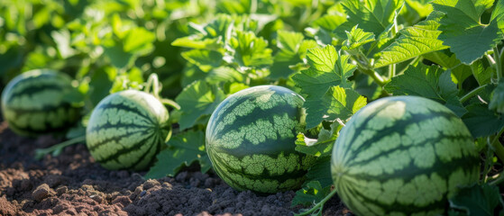 Watermelons growing in the field on a sunny day.

