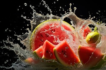 watermelon and citruses being splashed by the water