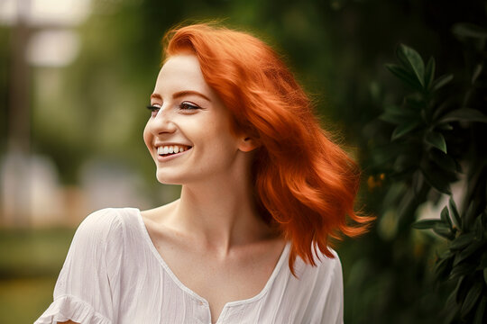 prettyy woman with vibrant red hair, wearing a white blouse, in a lush green environment, ai generative