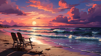 Sunset on the beach. Seascape with two chairs.