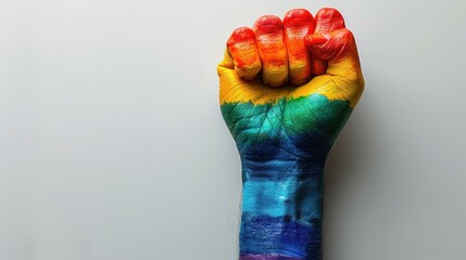 A raised clenched fist painted in the colors of the rainbow.