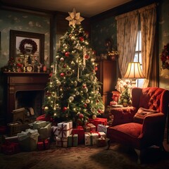 Christmas tree with presents under it in a living room with a fireplace