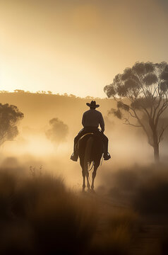 A silhouette of a person riding a horse amidst fog, surrounded by trees, under a golden sunrise or sunset, ai generative