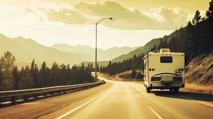 Experience the thrill of an RV journey with this dynamic image capturing a recreational vehicle driving down the highway. The open road symbolizes endless adventure, inviting viewers to envision the e