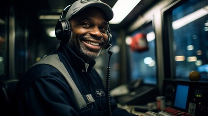 Subway conductor committed to efficient transit with purposeful gaze