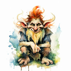 A troll, a fairy-tale character. watercolor illustration. artificial intelligence generator, AI, neural network image. background for the design.