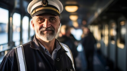 Captain on ferry deck joyous in overseeing scenic transport
