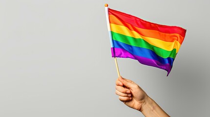 Hand holding a small rainbow flag on a gray background.
