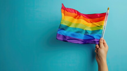 Rainbow flag on a blue background held by a hand.