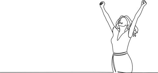 continuous single line drawing of cheering happy woman with raised arms, line art vector illustration © Christian Horz