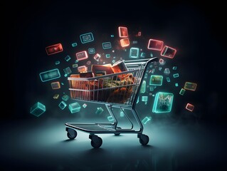 Digital composite of Shopping trolley with app icons. 3d rendering