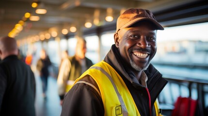 Cheerful deckhand facilitating passenger embarkation on ferry