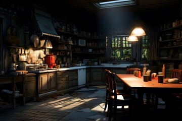 Panoramic shot of a kitchen in an old school style.
