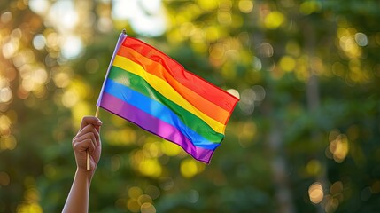 A hand holding a rainbow flag with a bokeh of greenery in the background.
