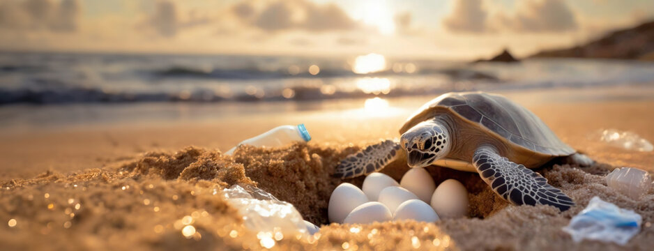 Sea Turtle Nesting on a Polluted Beach. Reptile lays eggs in sand littered with plastic waste. Environmental concerns. Save Planet Earth. Panorama with copy space.
