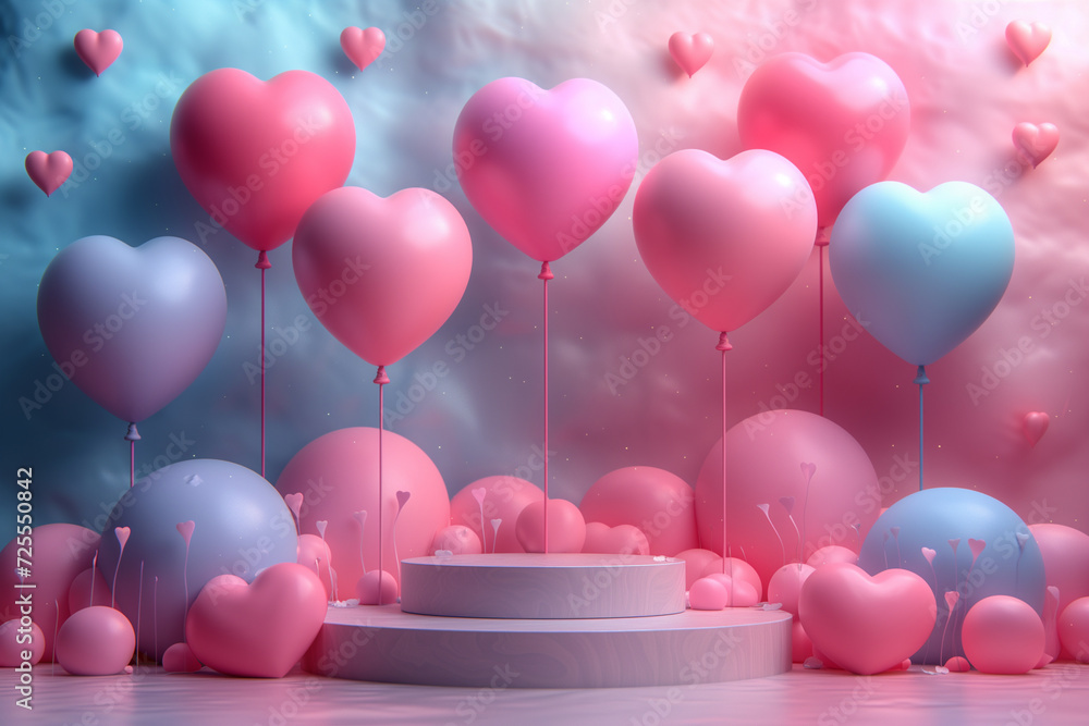 Poster 3d empty product display podium designed for presentations. stand display with pink and blue heart s