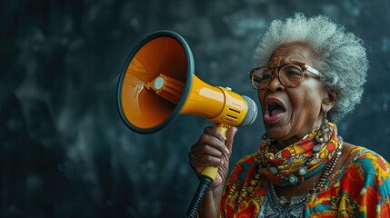 Elderly woman loudly speaking into a yellow megaphone. - obrazy, fototapety, plakaty