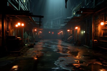 Night city street in the fog. 3d rendering, 3d illustration.