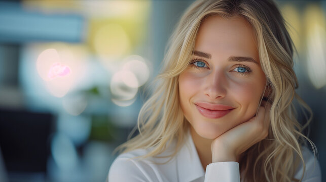 Blond businesswoman smiling, resting her head in her hand