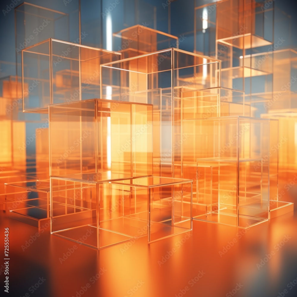 Poster 3d rendered abstract orange architecture with blurred background, artistic building concept