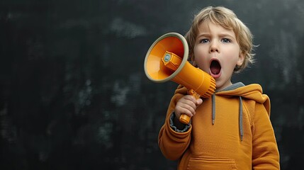 A surprised young boy in a yellow hoodie using a megaphone.