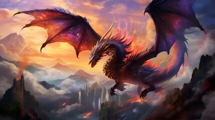 Fantasy landscape with dragon flying in the sky. 3d illustration