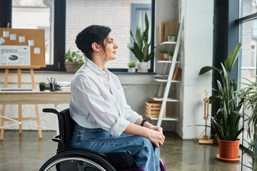 beautiful dedicated businesswoman in elegant attire sitting in wheelchair and looking away