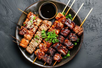 japanese barbeque skewers with bbq sauce on plate