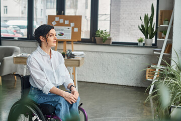 attractive businesswoman with mobility disability in casual attire in wheelchair looking away