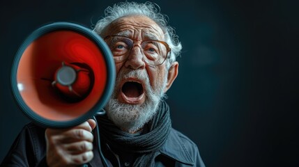 A senior man with glasses loudly exclaiming into a megaphone. - obrazy, fototapety, plakaty