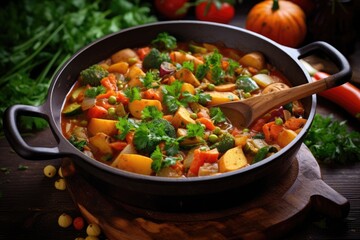 Overhead Shot of Delicious Vegetarian Vegetable Stew in a Wooden Pot